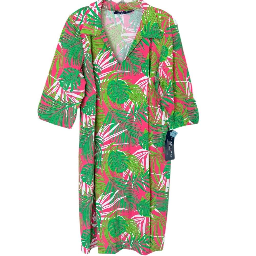 Katherine Way Nola Collared Midi Dress Women's 2X Green Pink 3/4 Sleeves NEW